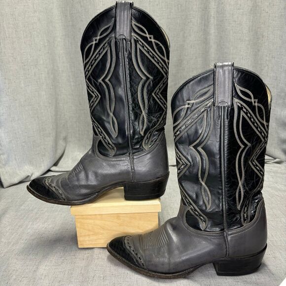 Tony Lama Other - Tony Lama Vintage Cowboy Boots Grey Black Leather Western Top Stitching Size 9